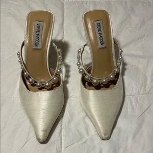 Steve Madden Ivory Pearl-Trim Satin Pointed Mules